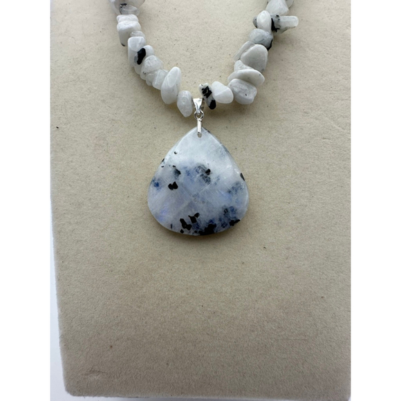 Rainbow Moonstone Chips and Teardrop Pendant Necklace on Black Faux Suede - Picture 3 of 9